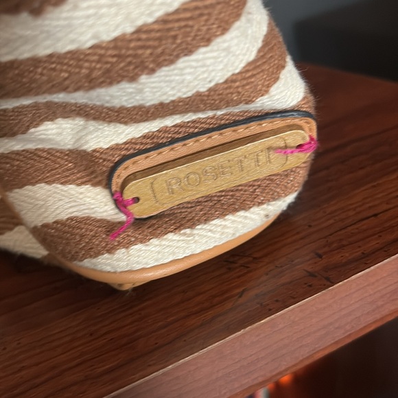 Butterfly Embroidered Striped Canvas Tote Bag Tan Brown Shoulder Handbag - Picture 6 of 11